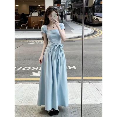 French Blue Square Neck Short-sleeved Dress, Women's Summer New Models, Popular This Year, Waist Pinch Dress