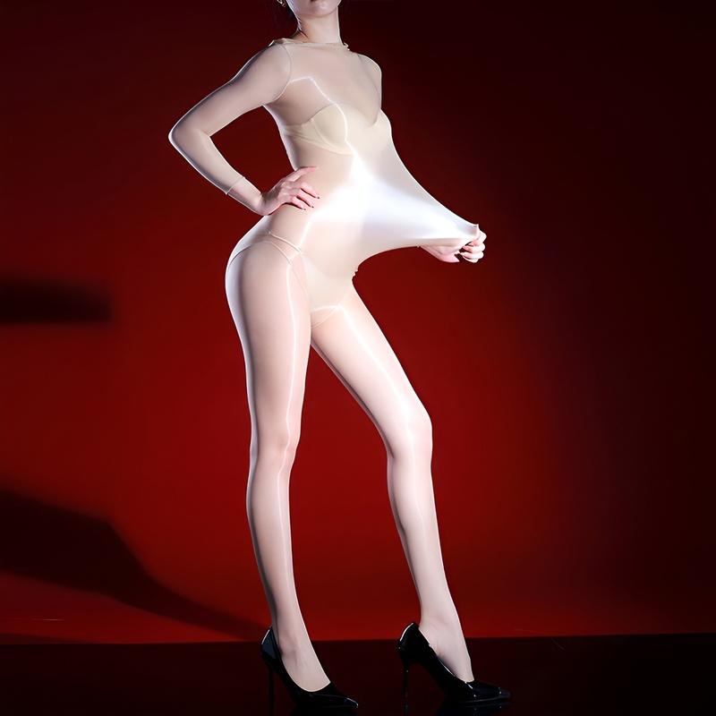 Sexy Oil Shiny Jumpsuits Women Body Stockings Glossy Onesie Open Crotch Pantyhose Erotic Lingerie Smooth Bodysuit Night Clubwear