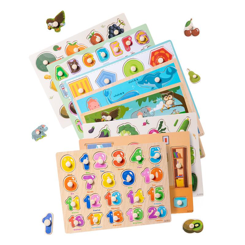 Non-Toxic Montessori Wooden Puzzles Hand Grab Boards Toys Tangram Jigsaw Baby Educational Toys Cartoon Vehicle Animals Fruits 3D Puzzles