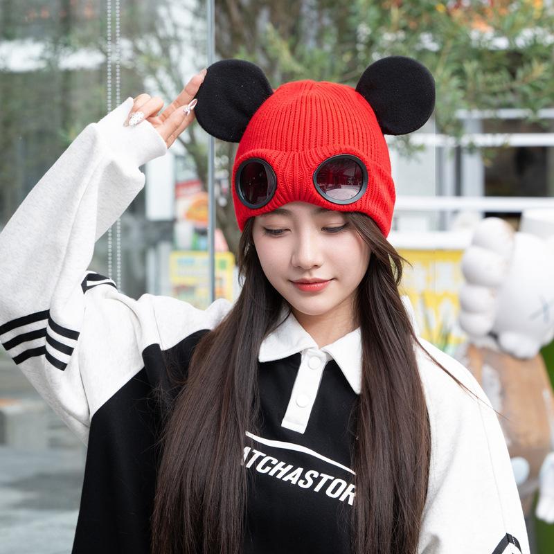 Glasses Wool Hat Women'S Autumn And Winter Cold And Warm Knitted Hat Cute Big Ears Personalized Fashion Ski Ear Protection