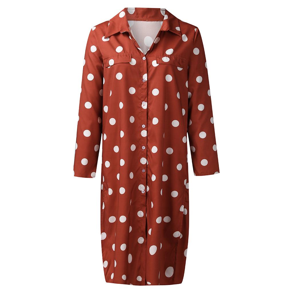 Women Summer Dot Print Long Sleeve Button Long Dress Party Beach Dress