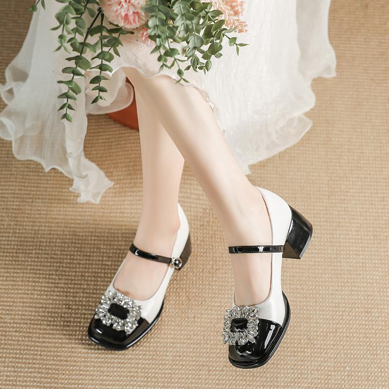 French Thick Heel Mary Jane Shoes Femininity Spring 2025 New Black and White Color Matching Design Sense Rhinestone High Heel Shoes