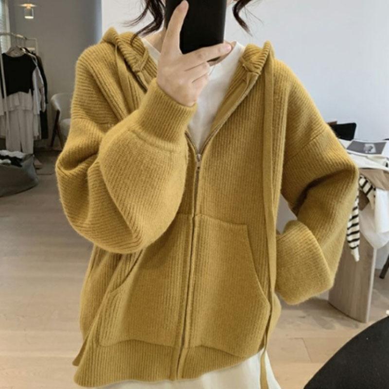 Blue Loose Hooded Zipper Sweater for Women Autumn and Winter Gentle Soft and Lazy Style Knitted Cardigan Top Jacket