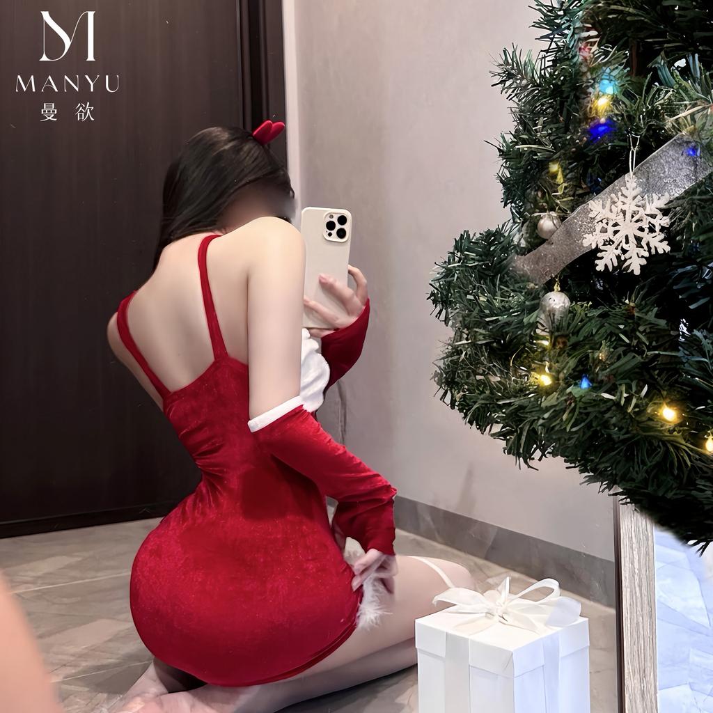Man Wants Christmas Bunny Uniform Seduction Lingerie Tube Top Irregular Red New Year's Robe Female 9577