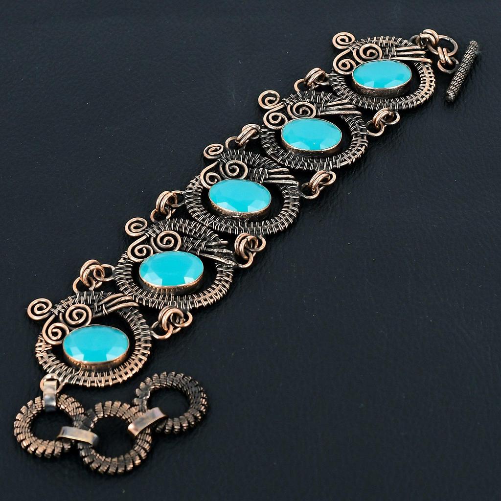 Amazing Blue Chalcedony Gemstone Handmade Pure Copper Wire Wrapped Bracelet Jewelry
