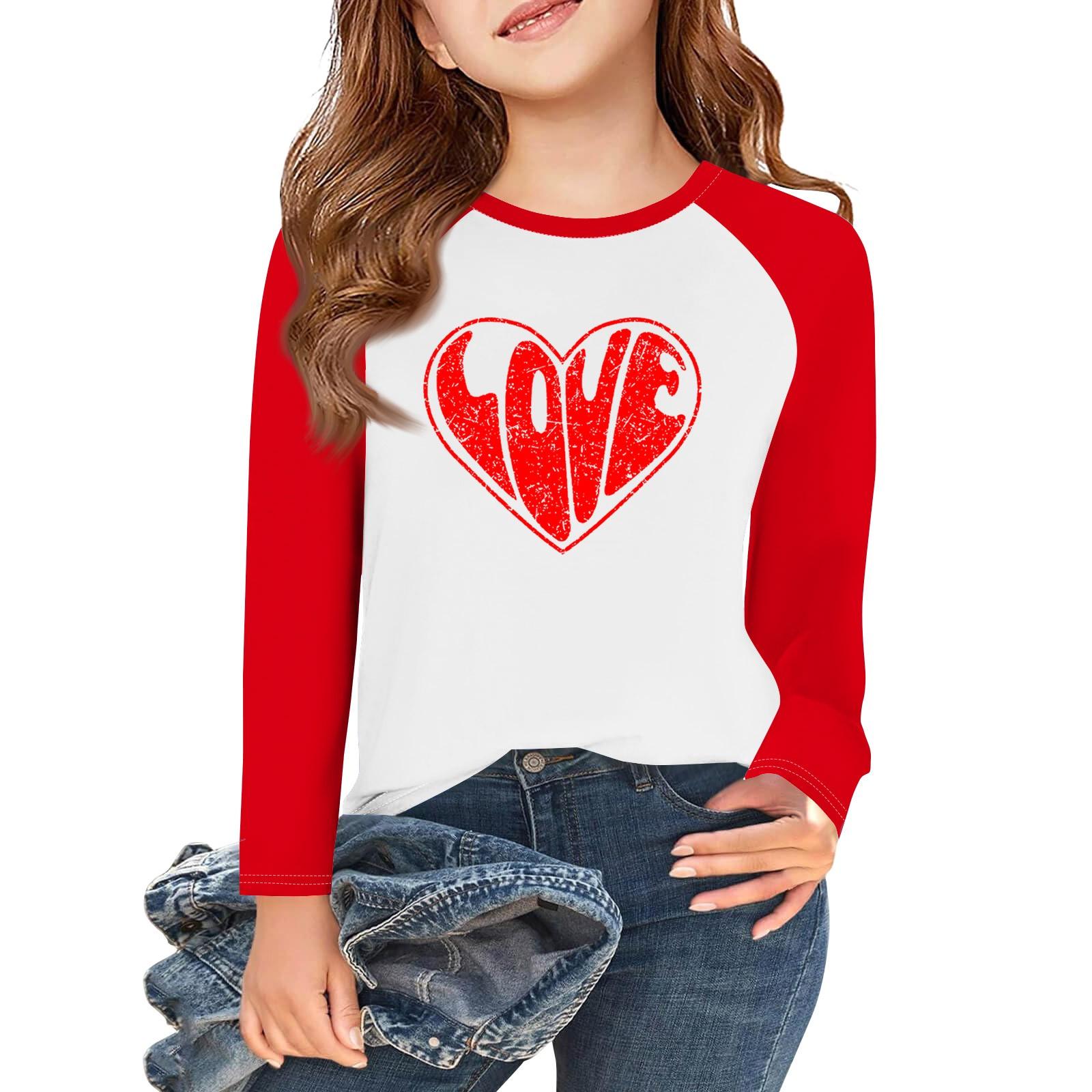 

Футболки с длинным рукавом для девочек Love ко Дню святого Валентина, детские осенние топы с круглым вырезом, базовые футболки для детей 5-14 лет 2 киноварь