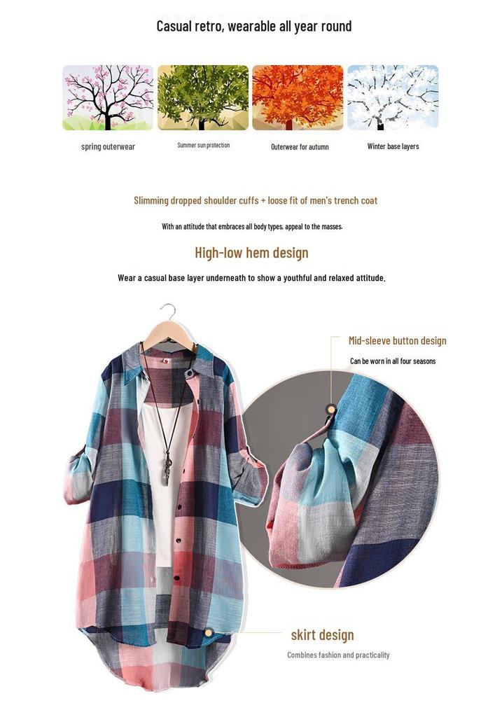 Women's Plaid Long Sleeve Sun Protection Shirt – Loose, Plus Size, Cotton Linen Jacket