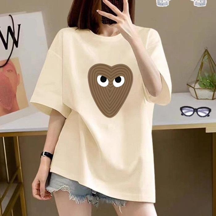 

Spring and summer high-quality pure cotton short-sleeved printed T-shirt loose medium and long round neck shoulder top + rear bag collar 3XL