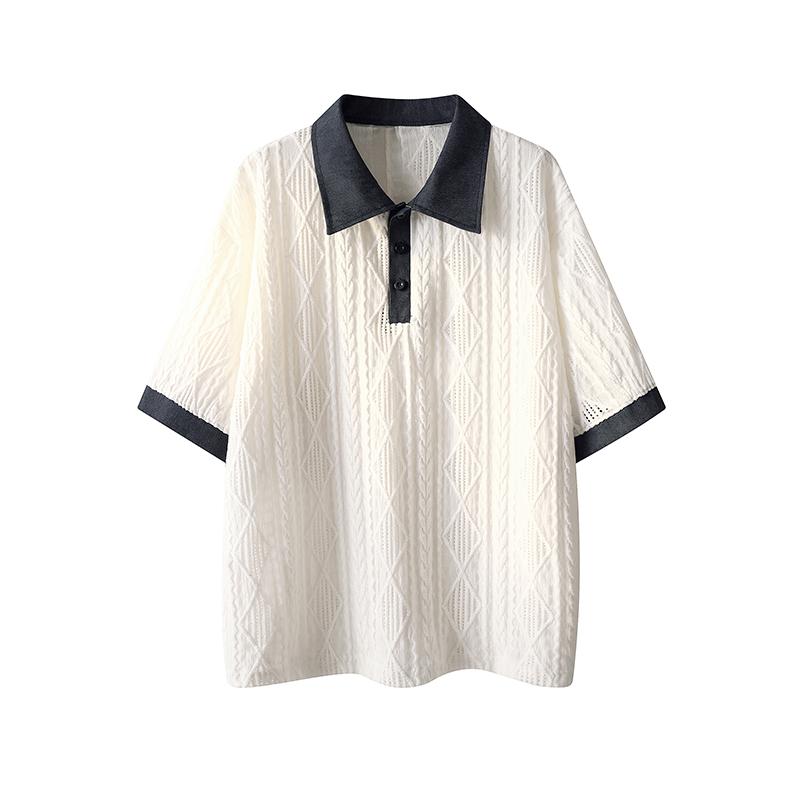 Personalized Top With Retro Rhombus Texture And Contrasting Color POLO Collar Top