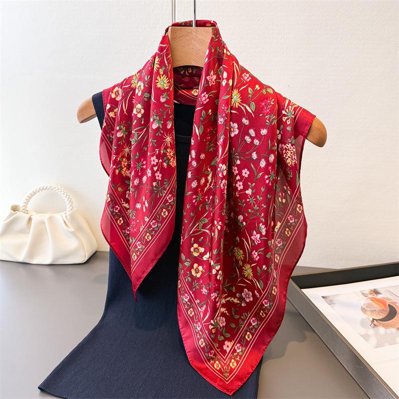 Pastoral Floral Print Square Scarf Imitation Silk Shawl Sun Protection High-end Neck Tie Small Square Scarf Headscarf Women's