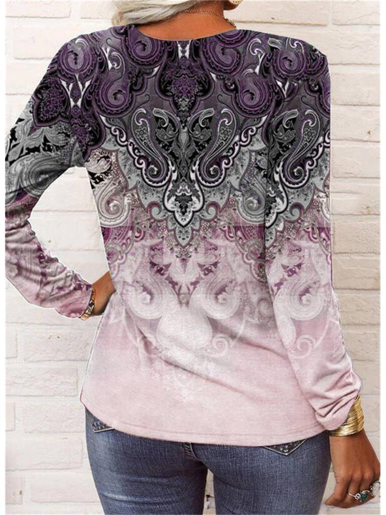 2023 Autumn/Winter European & American Women's Long-Sleeve Ethnic Print Fashion T-Shirt