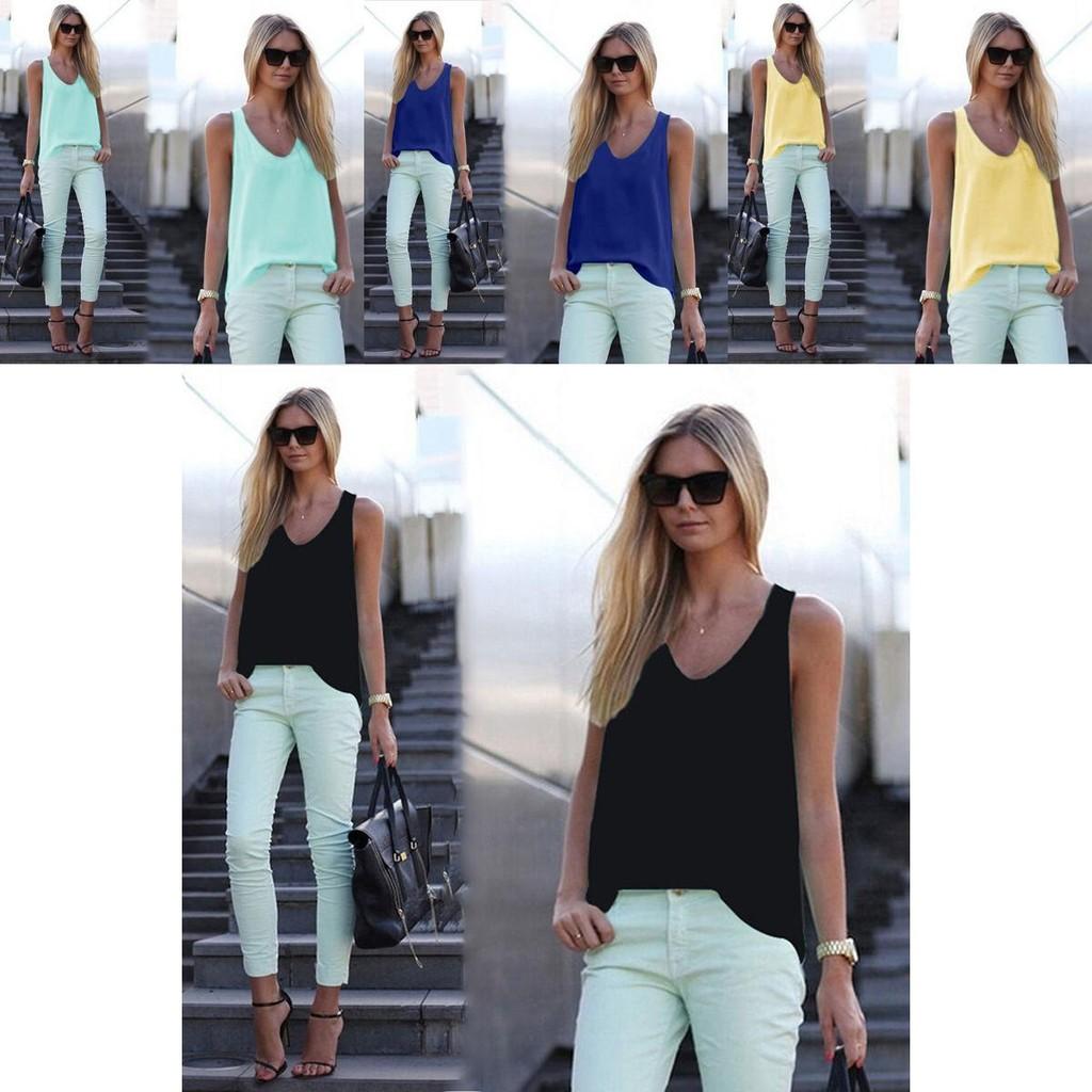 Elegant Womens V Neck Chiffon Sleeveless Blouse Loose Fit Casual Summer Tank Top
