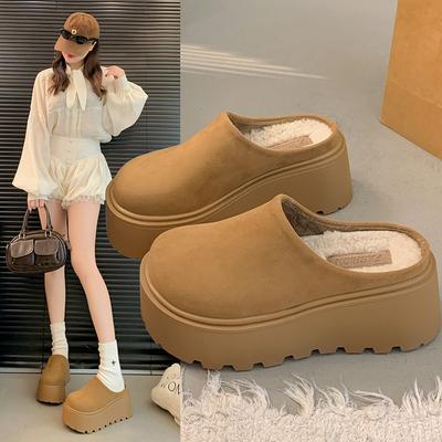 Women's Retro Lightweight and Comfortable Non-slip Heightening Winter Warm Plush Lining Non-slip Durable Casual Cotton One-step Half Slippers