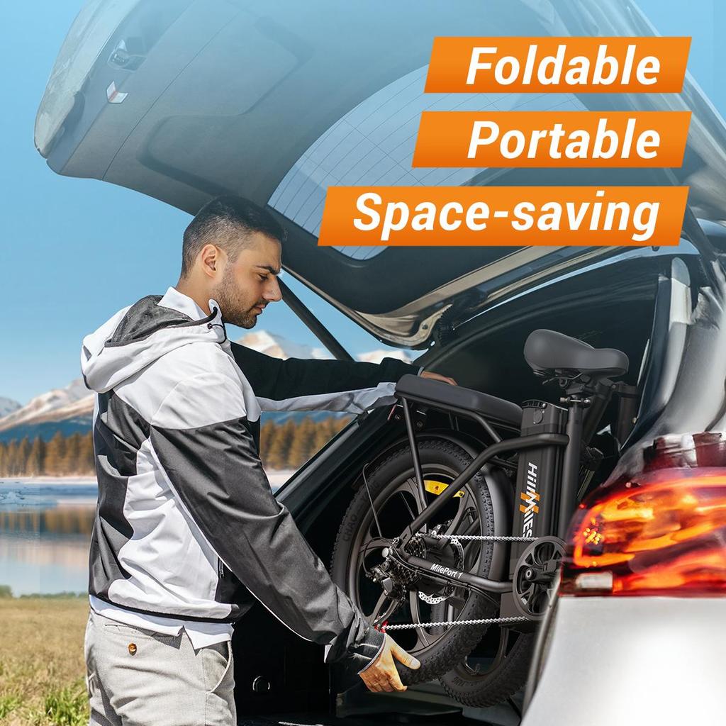 HillMiles MilePort 1 Folding Electric Bike, 20" Fat Tire E-Bike, 36V 13Ah Battery, 250W (Peak 350W) Motor, 7-Speed, 100KM Range, City/Commuter