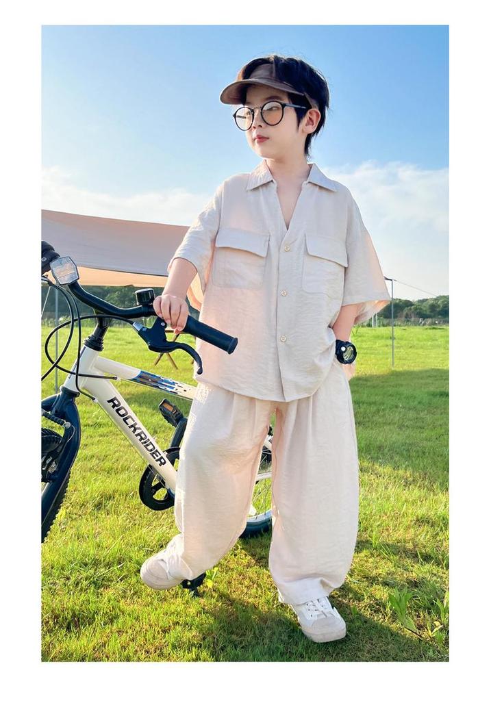 Boys' Summer 2026 Casual Korean Style Two-Piece Set – Short Sleeve & Long Pants