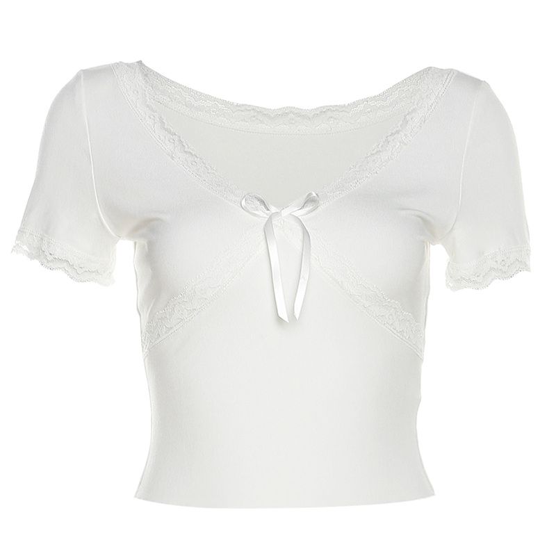 

# Sisjuly# Niche Style Sexy Lace Lace Sexy V-neck All-Matching T-shirt Female Stylish Elegant Slim Looking Tops White S