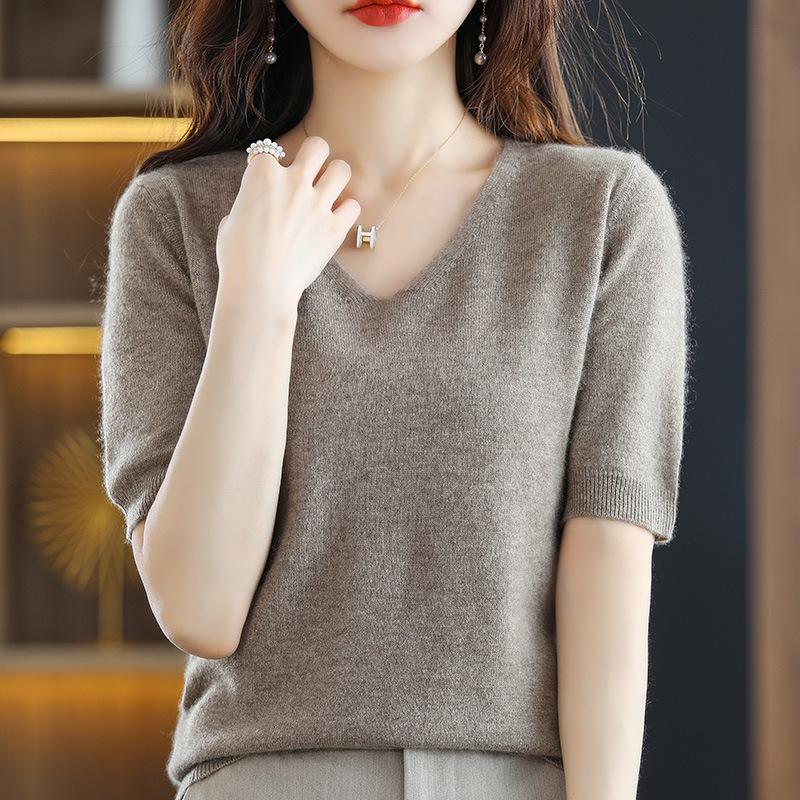 Spring Summer Women Sweater Tshirts V-neck Short Sleeve Top Fashion Pullovers Solid Bottoming Shirt Jumper
