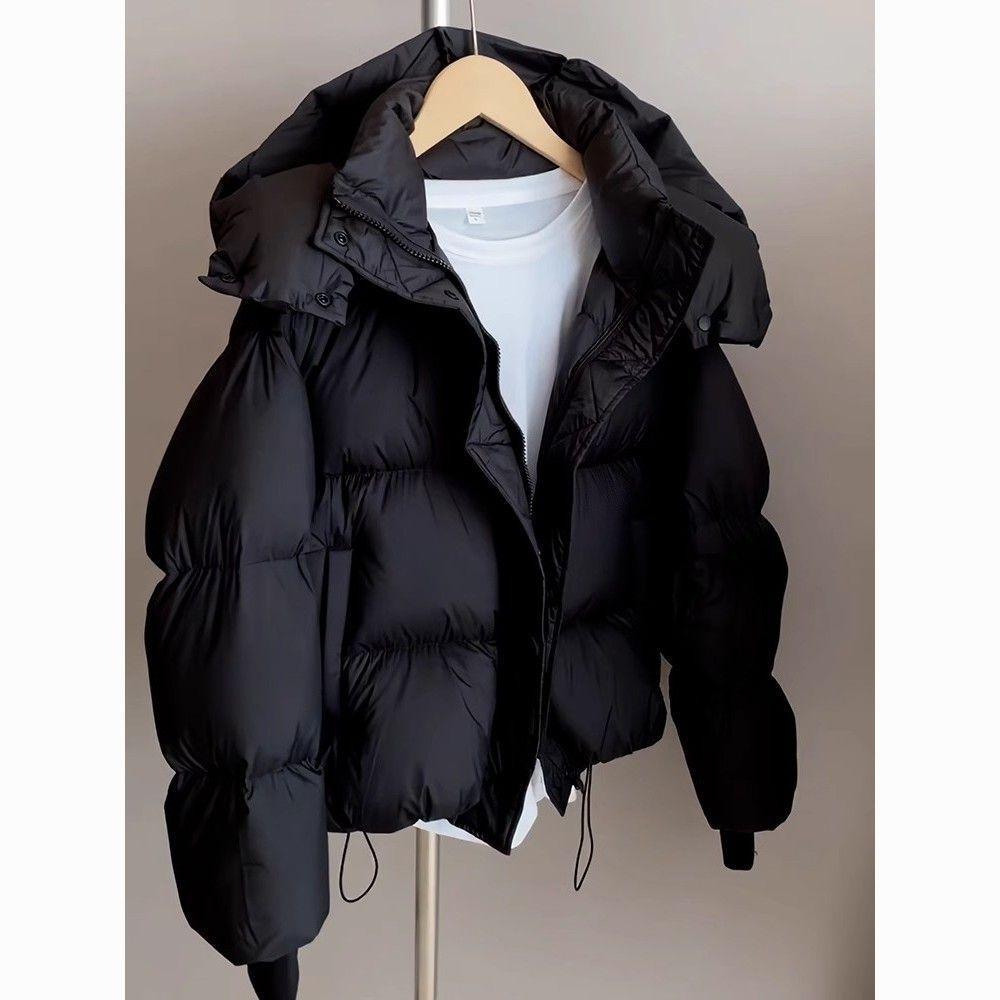 Women's Hooded Quilted Puffer Jacket with Drawstring Hem Solid Color Short Winter Coat