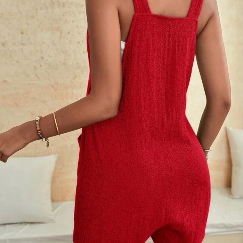 Women Summer Jumpsuit Casual Sleeveless Short Overalls Strappy Romper Simple Loose Fit Solid Color with Pockets for Office Streetwear Travel Beach