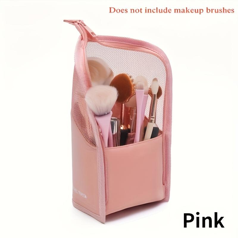 

1 шт. Вместительная сумка-органайзер для кистей для макияжа, стоячая, для женщин - Портативная, прочная, с сетчатым карманом, дизайн «Сезон путешествий», черная, простая в использовании розовый
