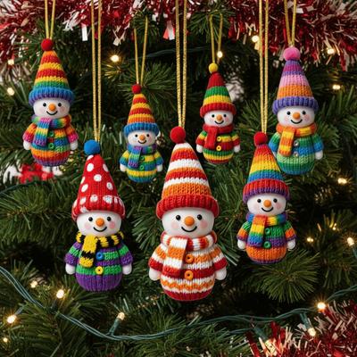 16Pcs 2D Flat Snowman Wooden Ornaments Knitted-Style Colorful Christmas Tree Pendants DIY Reusable Christmas Decoration