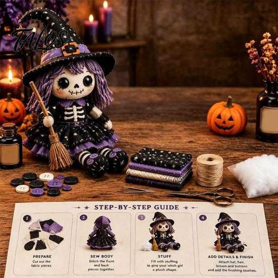 Step-by-step Sewing Tutorial Skeleton Witch Patchwork Kit, Gothic Girl Doll DIY Stuffing Cotton Included Kit Halloween for Adults Teens Handmade Gift