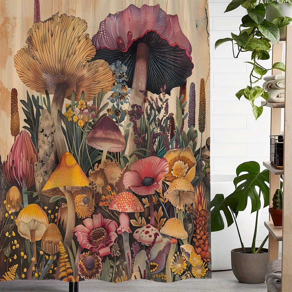 An Enchanted Forest Shower Curtain: Step into a Magical Realm with This Stunning Design Featuring Colorful Mushrooms