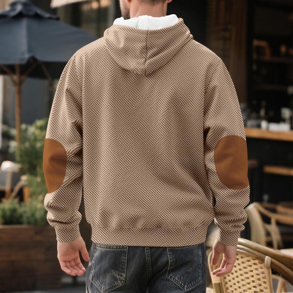 Men's Casual Loose Fit Hooded Sweatshirt with Pattern and Elbow Long Sleeve Athletic Pullover
