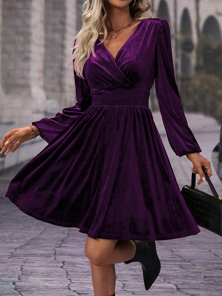  New Autumn/Winter Velvet V-Neck Long-Sleeve Dress – European & American Style