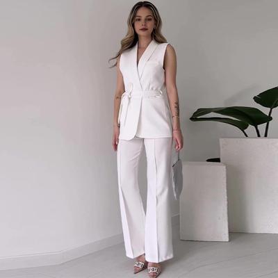 2 Pcs/Set Women Coat Pants Set V Neck Lace-up Slim Waist Mid Length Cardigan Sleeveless Jacket Wide Leg High Waist Straight Trousers Lady Formal