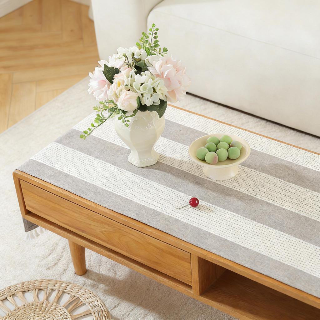 Machine Washable Cotton Linen Tassel Coffee Table Tablecloth with Pockets
