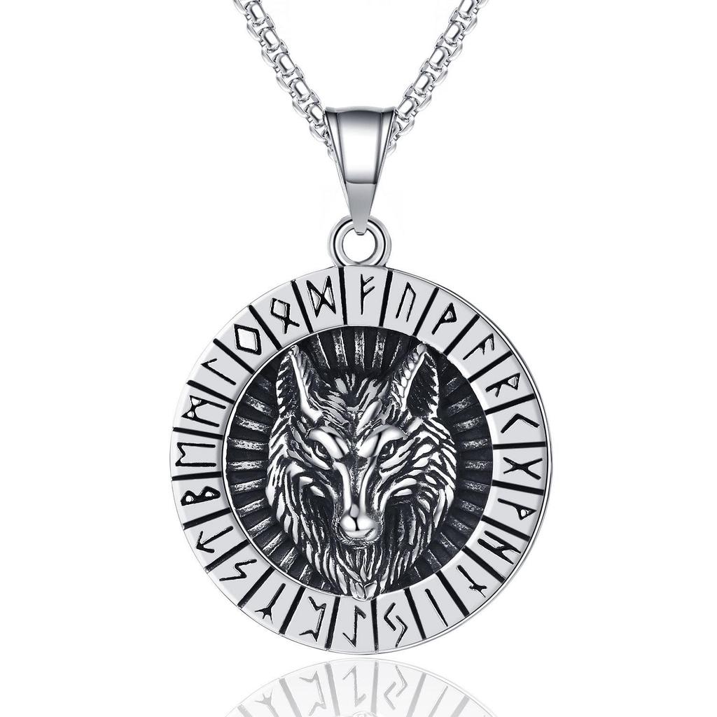 Vintage Stainless Steel Viking Rune Wolf Head Pendant Necklace - Trendy Men's Hip-Hop Accessory