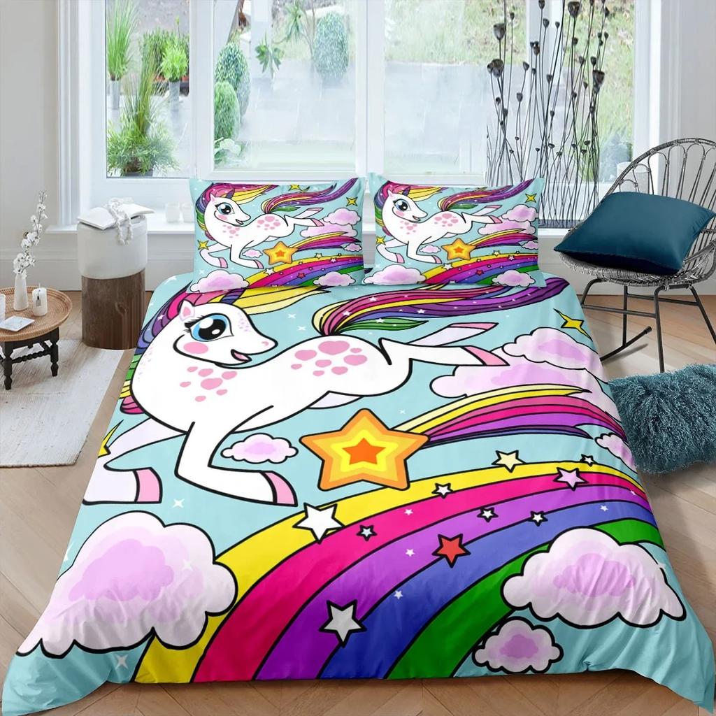 3D Colorful Unicorn Duvet Cover with Pillow Cover Bedding Set Single Double Twin Full Queen King Size Bed Set for Bedroom Decor