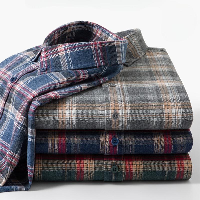 Hight Quality 100%cotton Brushed Long Sleeve Shirts for Men Slim Fit Casual Plain Shirt Soft Plaid Designer Vintage Clothes