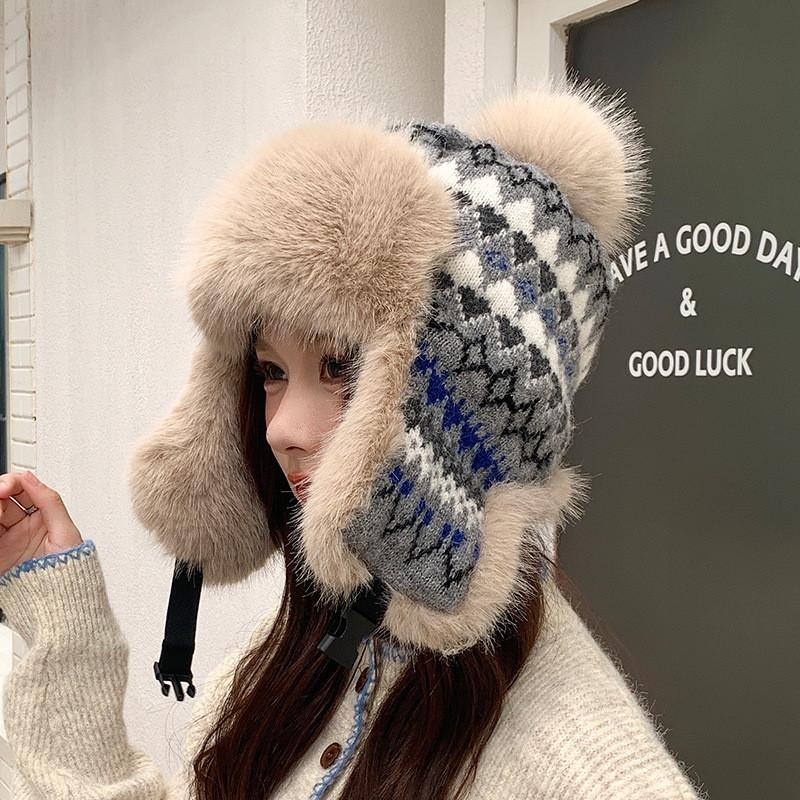 Winter Plush Earmuff Beanie Hat With Design For Outdoor Sports серый