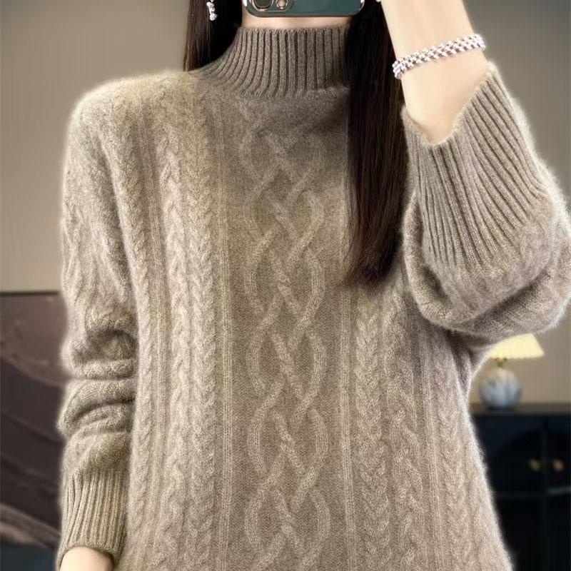 2024 Winter Women's Wool Knit Sweater - Twisted Flower, Half-High Neck, Thick & Loose Fit