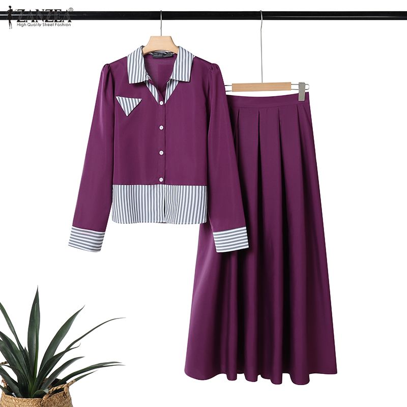 ZANZEA Women Long Sleeve Blouse and Long Skirts Vintage Two Piece Suit Sets