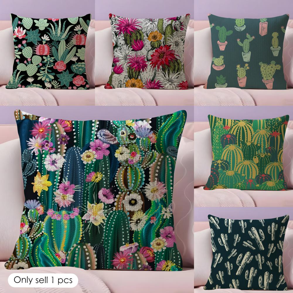Cactus Pattern Cushion Cover Natural Linen Pillow Cover DoubleSided Print Cushion Cover for Sofa Home Decor
