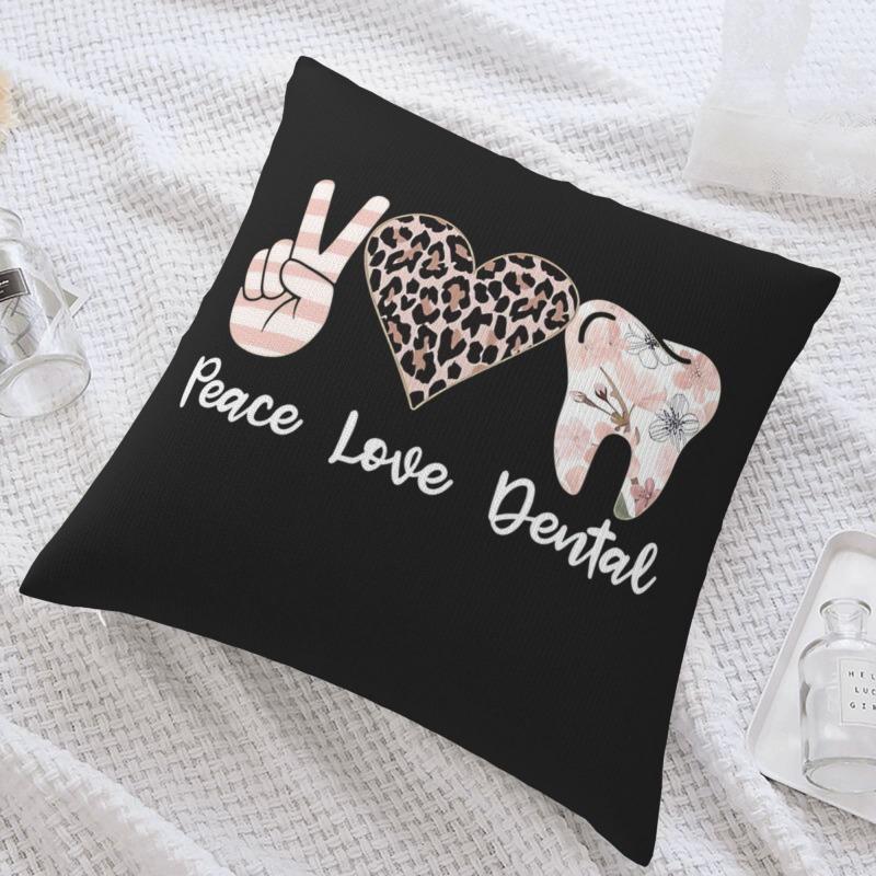 Peace Love Dental Pillowcase Leopard Print Heart Tooth Cushion Cover Funny Dentist Gift for Office Home Decor 40cmx40cm