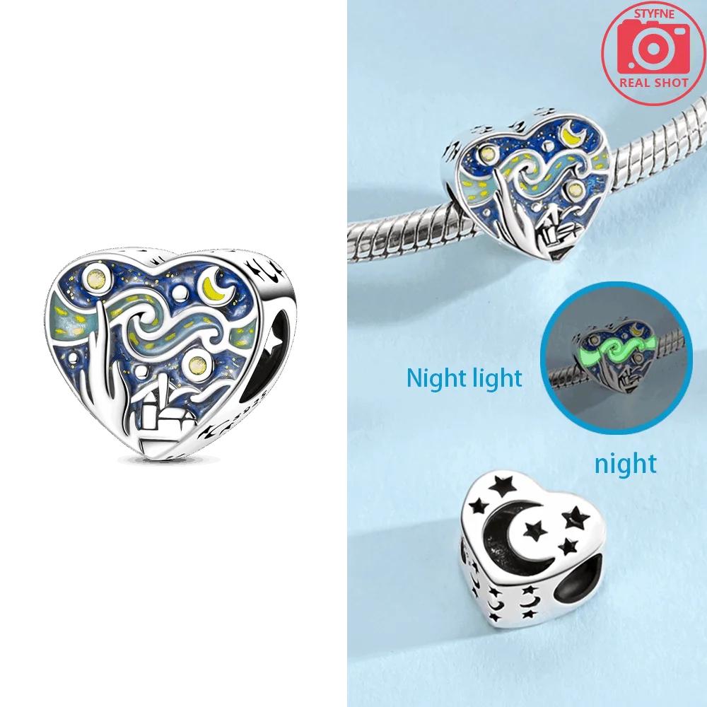 Sun Moon Bead Necklaces Blue Heart Starry Sky Authentic copper Bead Charms Compatible With Bracelets Anniversary Fine Gift Accessory Diy