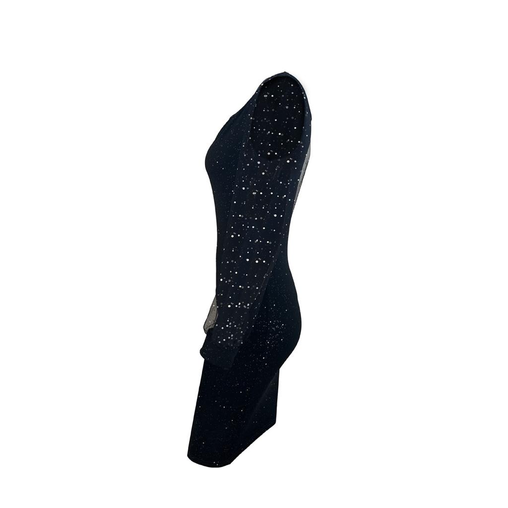 Dámské sexy šaty midi s elegantním V výstřihem, síťovanými rukávy a zlatým potiskem, slim fit