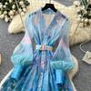 Herbst Notched Collar Print Blume Feiertag Kurzes Kleid 2026 Neu Boho Damen Einreiher Leinen Laternenärmel Gürtel Hemdkleid