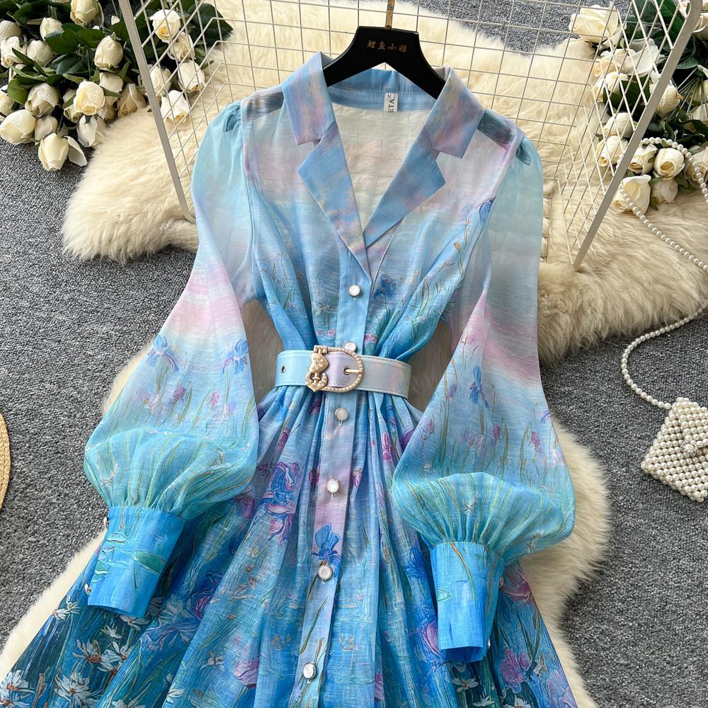 Herbst Notched Collar Print Blume Feiertag Kurzes Kleid 2026 Neu Boho Damen Einreiher Leinen Laternenärmel Gürtel Hemdkleid