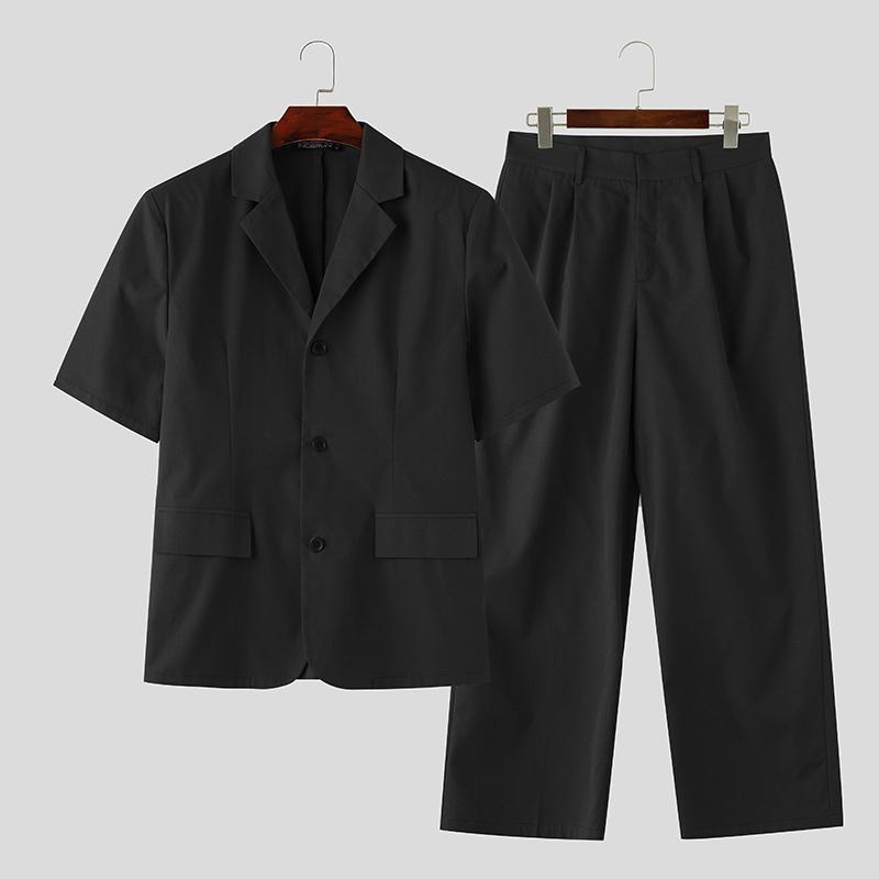 

INCERUN летние 2 шт. мужские рубашки с короткими рукавами с лацканами длинные костюмы комплекты брюк 4XL чёрный