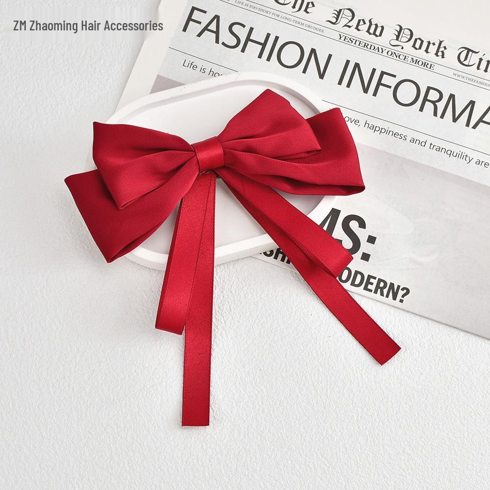 

Korean Satin Ribbon Spring Clip Bow Hairpin - Red, Multi-layered Accessory for Women вино красного