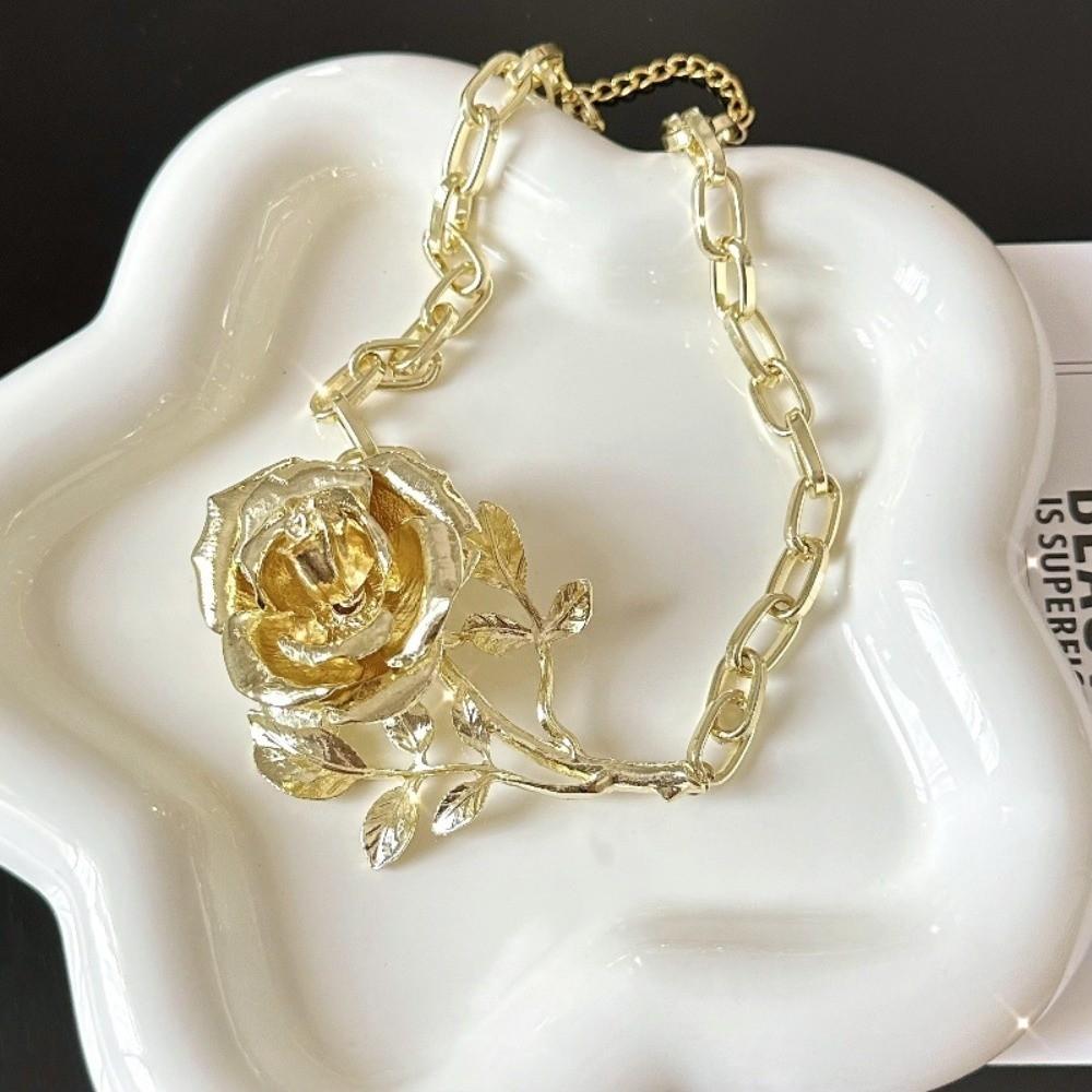 Luxury Exaggerated Flower Necklace Big Neck Chain Elegant Metal Rose Necklace  Daily