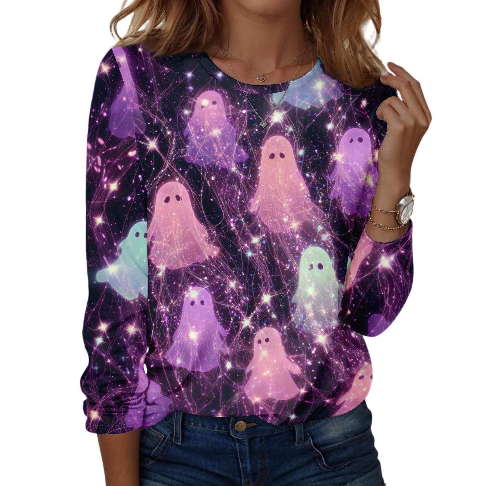 Women s Halloween Long Sleeve Printed Crewneck T-Shirt, Casual Fall Top S