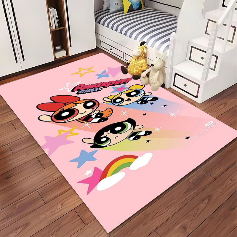 "Cartoon Superhero Girls Pink Carpet with Stars and Rainbow Design" Suitable for use as an anti-slip for living room bedroom sofas