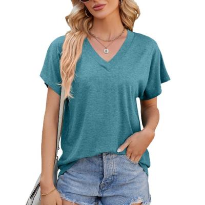 Frühling Sommer V-Ausschnitt Einfarbig Lose Kurzarm T-Shirt Top für Frauen T-Shirts Damen