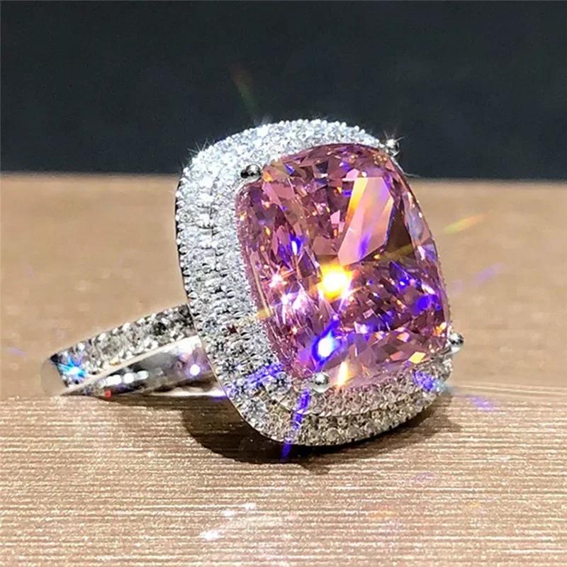 New Big Pink Cubic Zirconia Wedding Ring For Women Romantic Bridal Fashion Jewelry For Marriage Ceremony Party